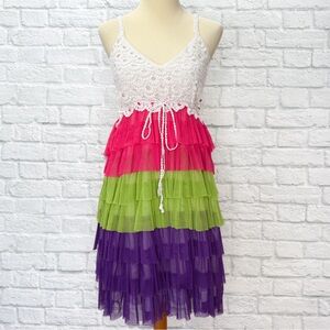 J GEE colorful rainbow ruffle crochet top dress, M.